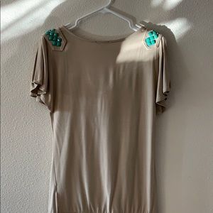 Cache Tops - Cache tan cold shoulder top with torquoise beads Cache Tops - Cache tan cold shoulder top with torquoise beads